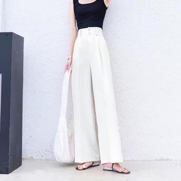 Quần nữ culottes ống rộng cạp cao 7 phân 2 khuy chất tuyết mưa, ống suông lưng cao LC89