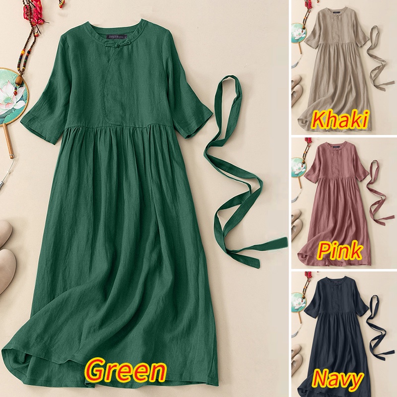 Đầm ZANZEA tay lửng cổ tròn màu trơn phong cách đơn giản thời trang cho nữ