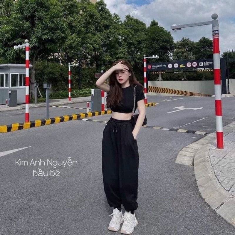 Quần Jogger Nữ Ống Rộng Unisex Bo Gấu Chất Thun Da Cá siêu đẹp