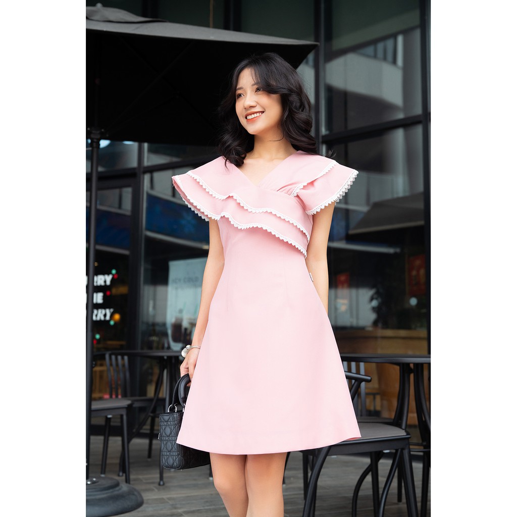 Đầm xòe ngắn tay cổ 2 lớp viền ren 20AGAIN DEW0559 | BigBuy360 - bigbuy360.vn