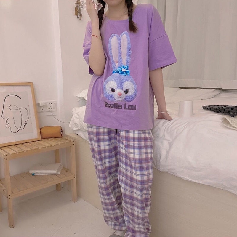 Bộ đồ ngủ tay ngắn cổ tròn kẻ caro phong cách Hàn Quốc thoải mái cho nữ | BigBuy360 - bigbuy360.vn