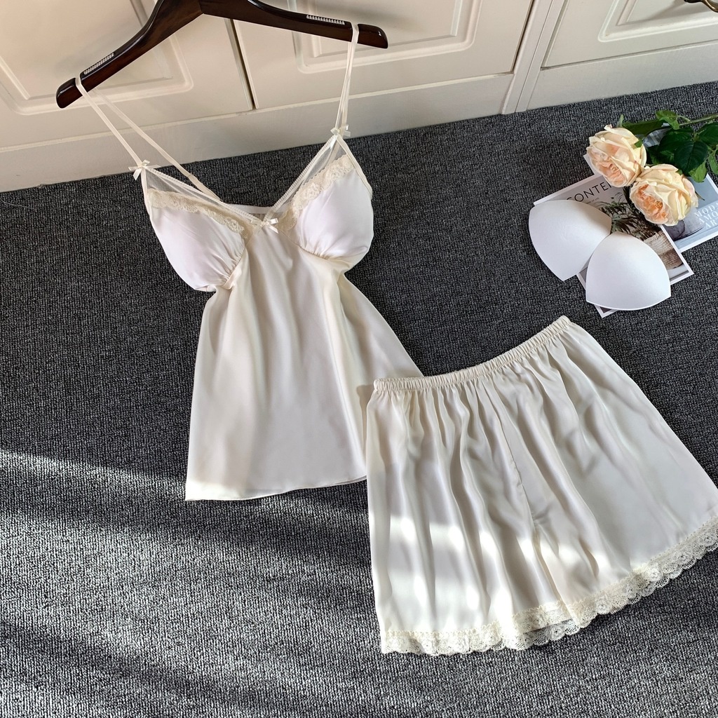 Bộ Đồ Ngủ Áo Hai Dây + Quần Short Chất Lụa Thời Trang Mùa Hè Quyến Rũ Cho Nữ