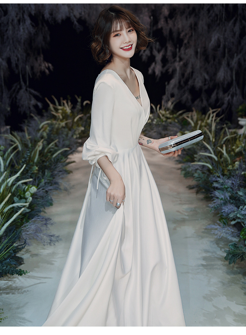 Satin wedding dress new white long sleeve host banquet simple evening dress female | BigBuy360 - bigbuy360.vn
