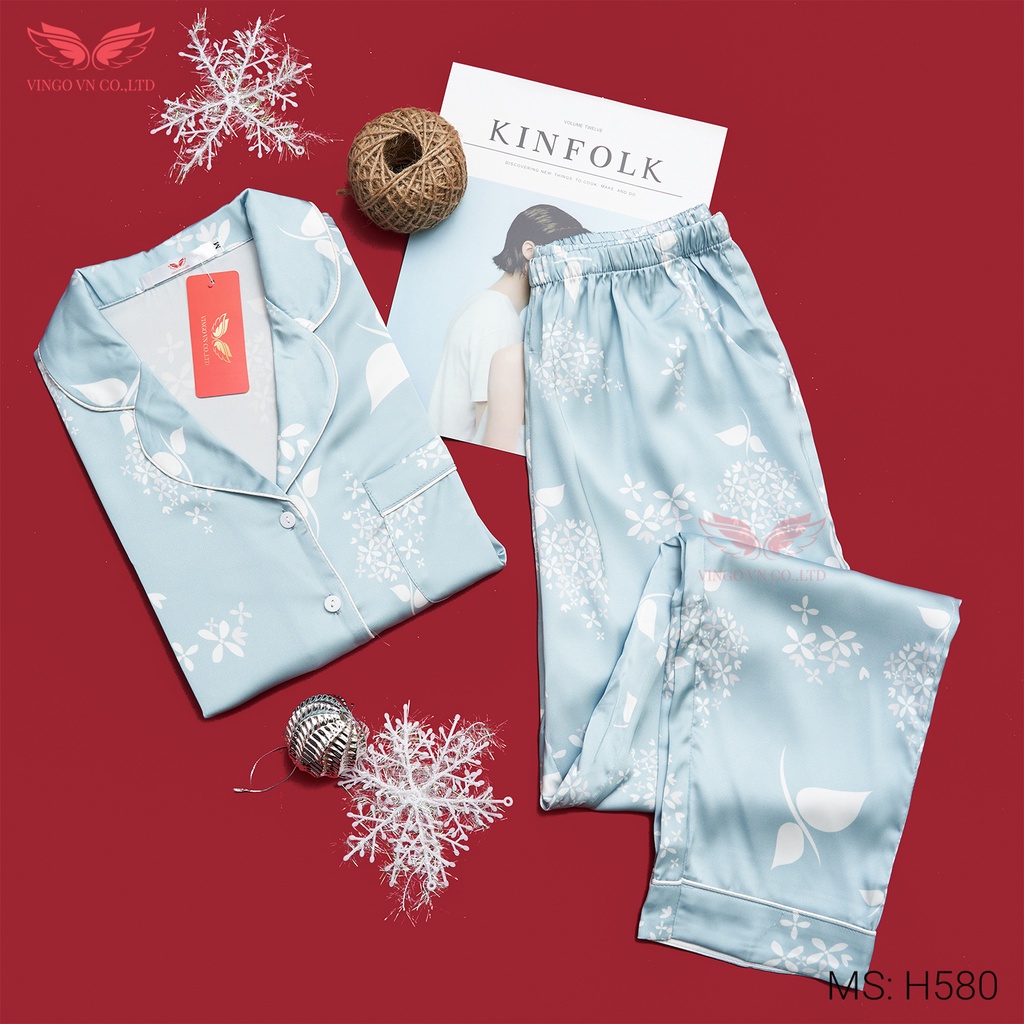 Đồ bộ ngủ nữ pyjama mặc nhà VINGO Lụa Pháp mềm cao cấp tay dài quần dài họa tiết chùm hoa xanh ngọc Thu Đông H580 VNGO | BigBuy360 - bigbuy360.vn