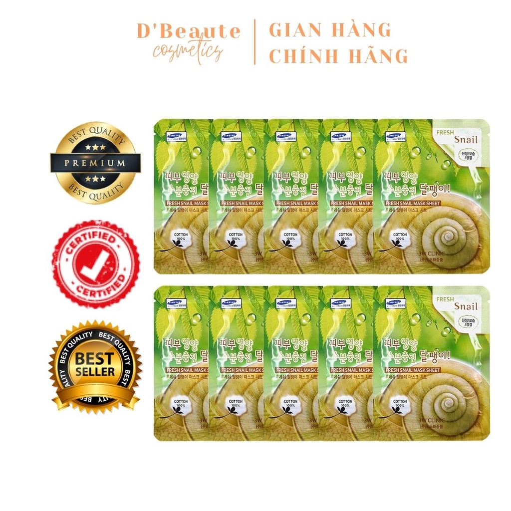 Bộ 10 gói mặt nạ dưỡng ẩm chiết xuất ốc sên 3W Clinic Fresh Snail Mask Sheet  - Hàn Quốc Chính Hãng