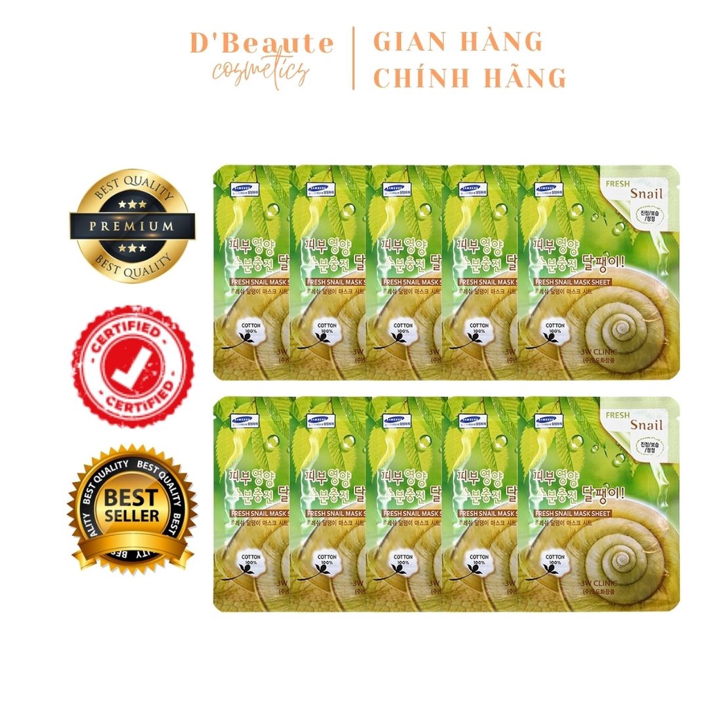 Bộ 10 gói mặt nạ dưỡng ẩm chiết xuất ốc sên 3W Clinic Fresh Snail Mask Sheet (23ml x 10) - Hàn Quốc Chính Hãng