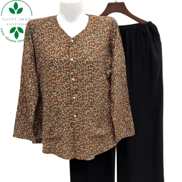 Bộ Lanh Nhung Hoa Dài Tay Thu Đông Trung Niên Cho Các Bà Các Mẹ