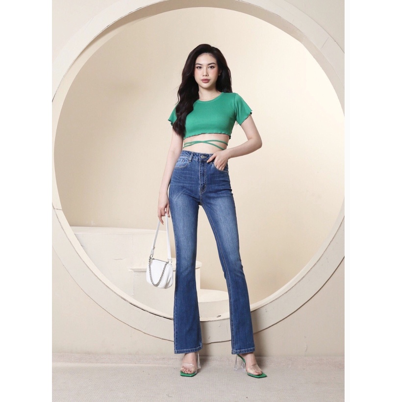 Quần Jean Nữ Ống Loe Lưng Cao Co Giãn Trơn Dài Quá Gót Gấu Thường HQJeans HQ53