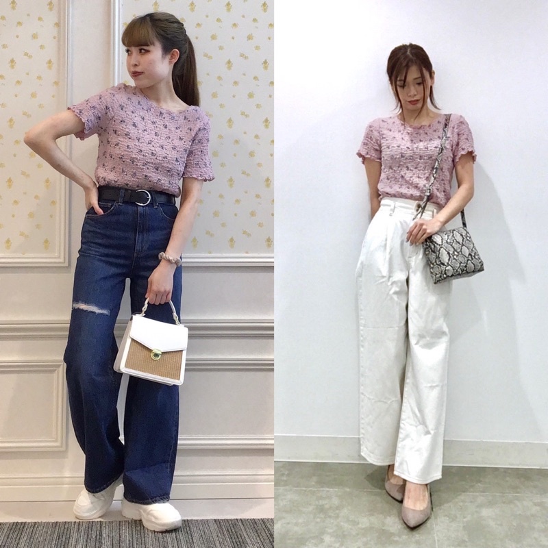 Áo thun nhún ngắn tay nữ hoa nhí xinh xắn của GU - Nhật