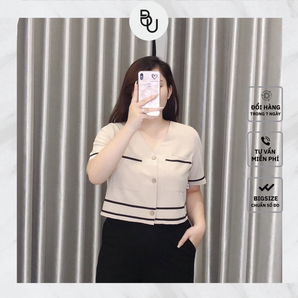 Sơ mi cổ V lé viền đen BIGSIZE (55kg đến 95kg) - 21SSM33 - [BUstu Bigsize]