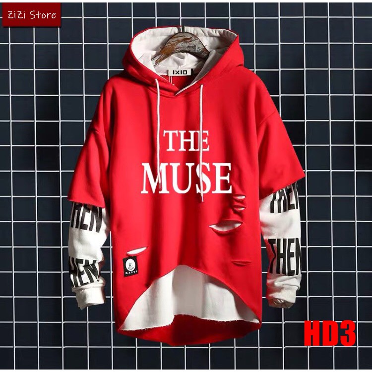 Áo Hoodie Hot Trend Mũ Trùm Đầu Tay Dài Họa Tiết Chữ The MUSE Giả Hai Lớp Tầng Phối Vệt Cắt Xẻ Phá Cách Cá Tính Năng Độn