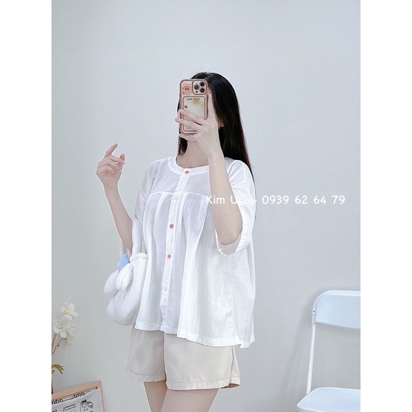 [Sẵn] Áo sơ mi form rộng gài nút hoa nhiều màu + quần short nude