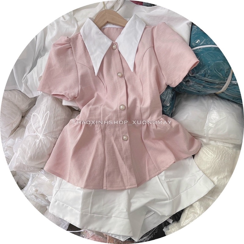 Set áo peplum dạ hồng + quần short trắng