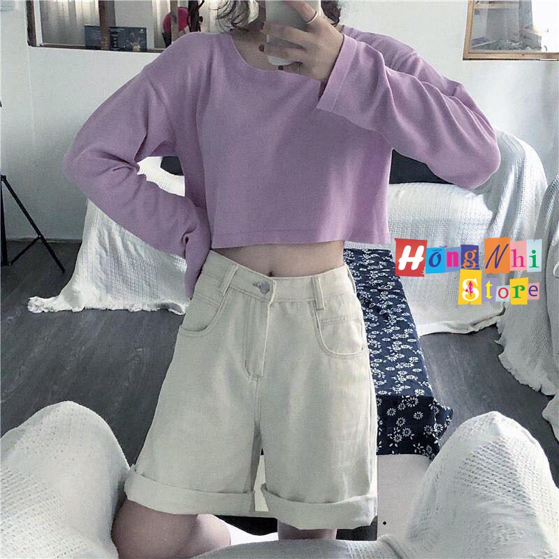 Áo Croptop Trơn Tay Dài Dáng Rộng Màu Tím Long Tee Ulzzang - MM