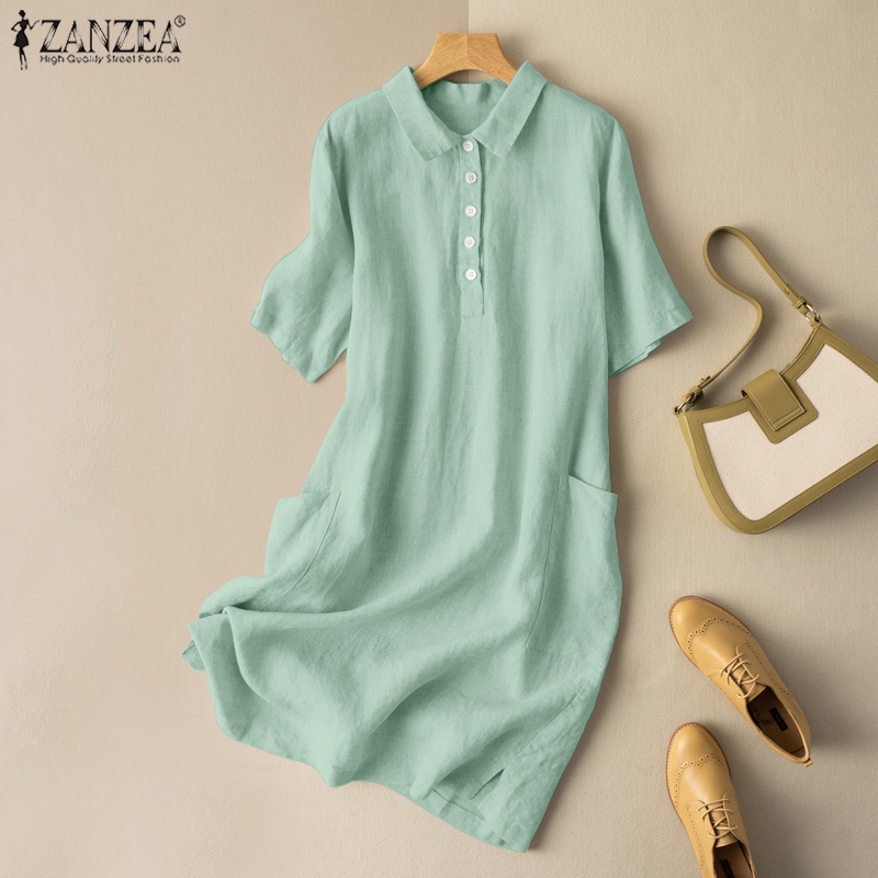 Đầm midi Zanzea tay ngắn cổ bẻ có túi bên dáng rộng sành điệu cho nữ