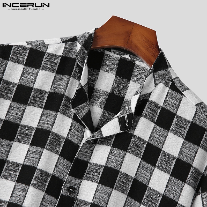 INCERUN Áo Sơ Mi Ngắn Tay Dáng Rộng Họa Tiết Ca Rô Cá Tính Dành Cho Nam