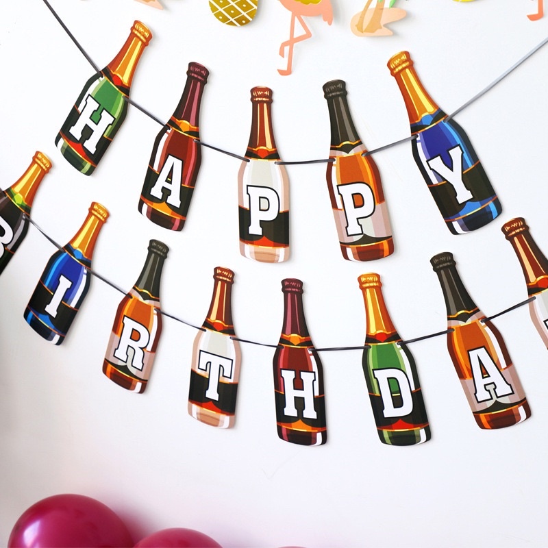 Dây chữ banner HAPPY BIRTHDAY ly, chai trang trí sinh nhật