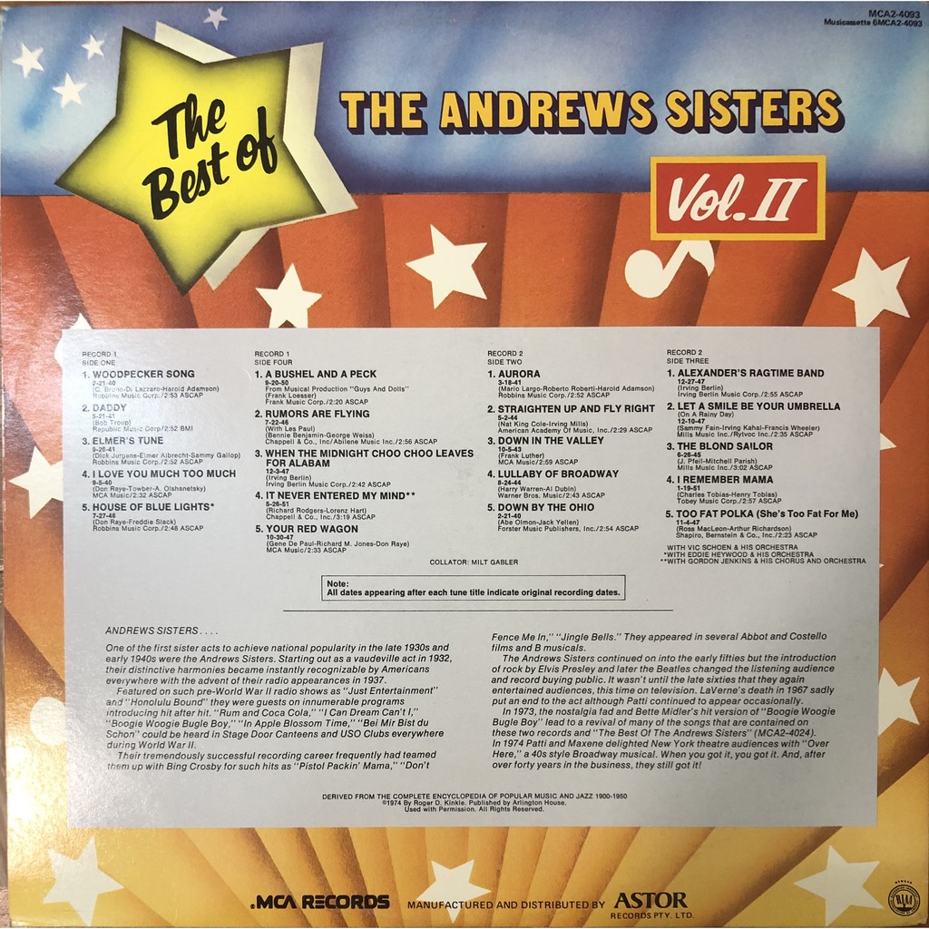 Đĩa than The Best of The Andrews Sisters Vol II
