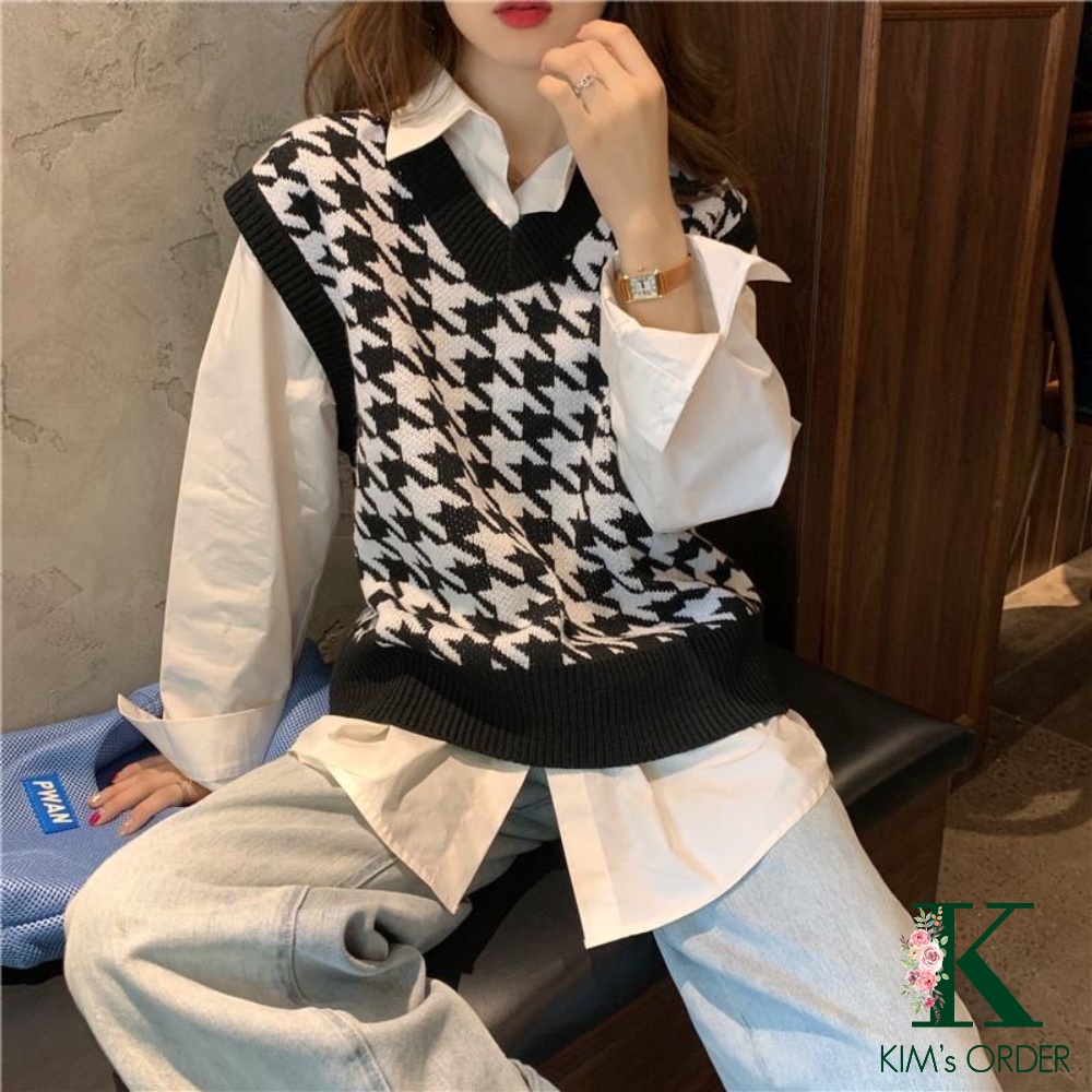 Áo Gile len nữ màu đen xanh hoạ tiết Ziczac cổ chữ V không tay sát nách phom rộng Ulzzang Hàn Quốc năng động cá tính