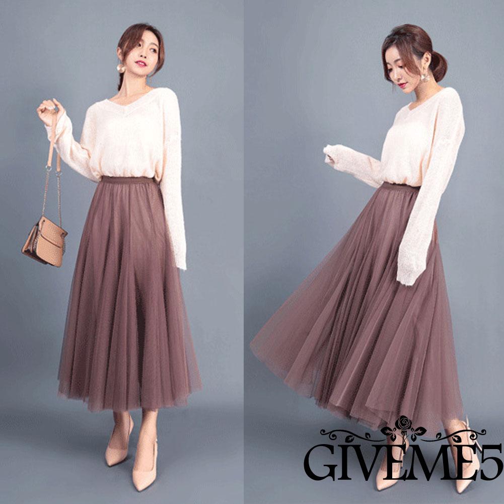 Chân váy maxi dài lưng cao vải lưới tuyn nhiều lớp cho nữ