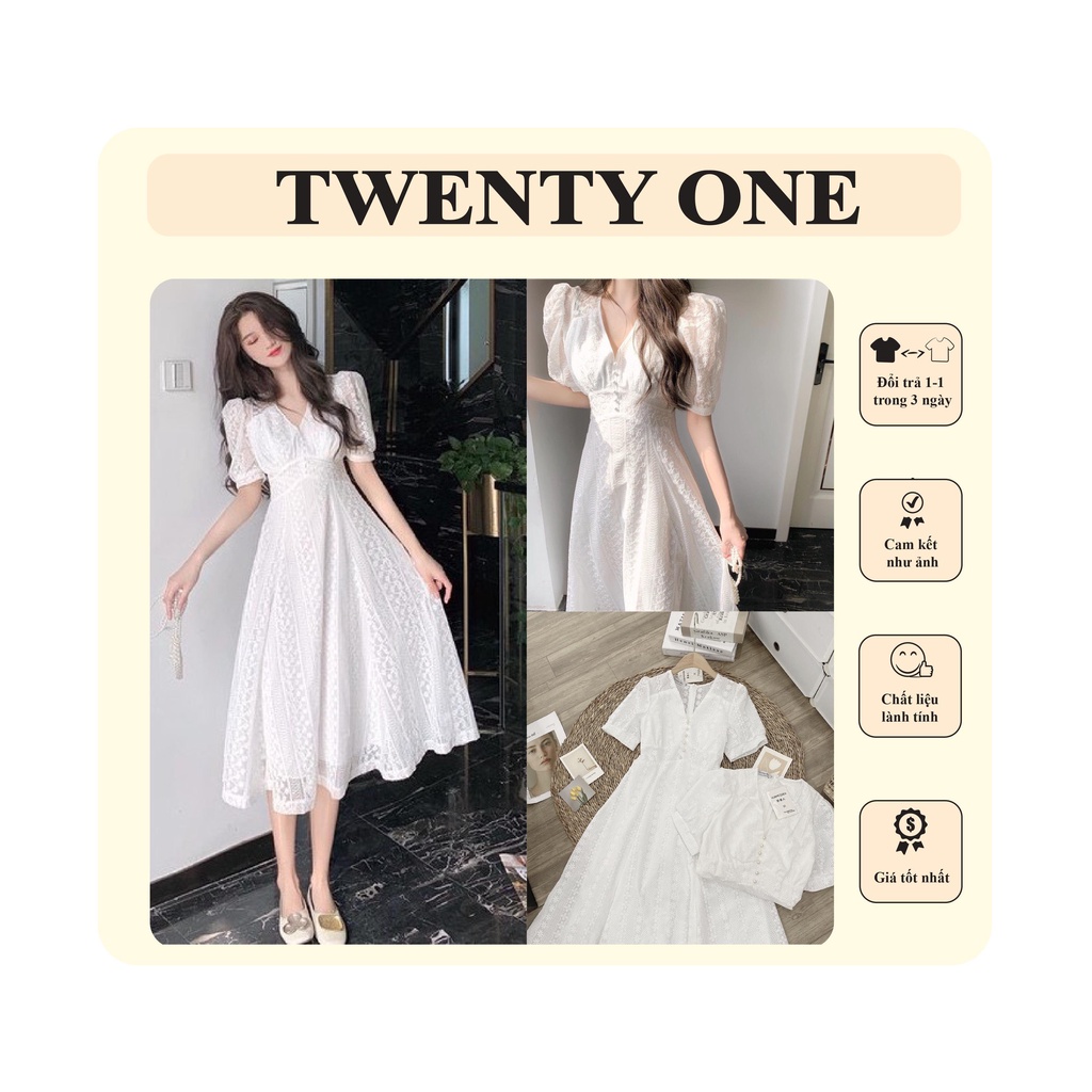 Đầm Trắng Tiểu Thư Hai Lớp Cổ V Nút Ngọc / Váy Ren Trắng Nút Ngọc Dáng Hơi Xòe Tôn Dáng Xinh Xắn - TWENTY ONE