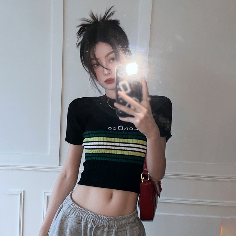 Áo Thun Dệt Kim Ngắn Tay Cổ Tròn Họa Tiết Kẻ Sọc Màu Sắc Tương Phản Thời Trang Mùa Hè Hàn Quốc Cho Nữ