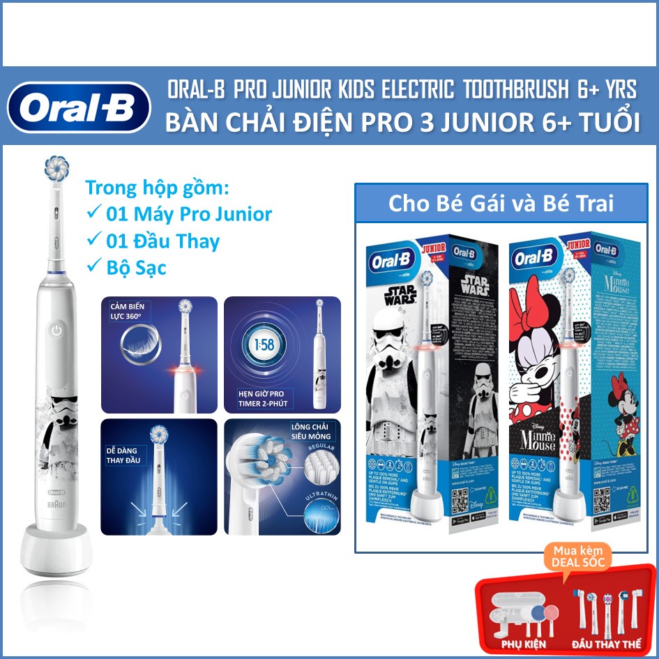 [Mới Về] Bàn Chải Điện Trẻ Em 6+ Tuổi Oral-B Pro 3 Junior Kids - 3 Chế Độ, Cảm Biến Lực 360°, Bàn Chải Điện Cho Bé OralB