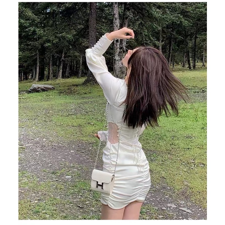 Jane Đầm dự tiệc ôm nhún sóng eo voan ren tay dài phong cách châu Âu quyến rũ