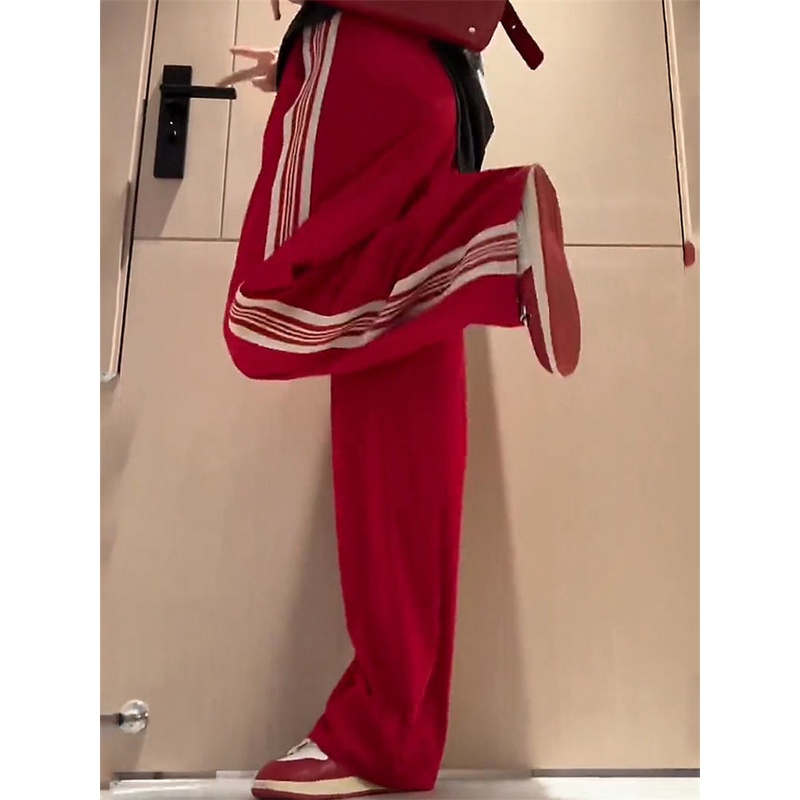 Jiashucheng Quần Thể Thao Ống Rộng Ghép Vải Mỏng Kẻ Sọc Nhỏ Phong Cách Xuân Thu Cho Nữ