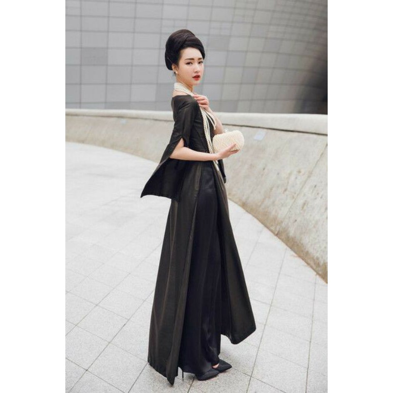 Set áo dài đen tay xẻ kèm quần