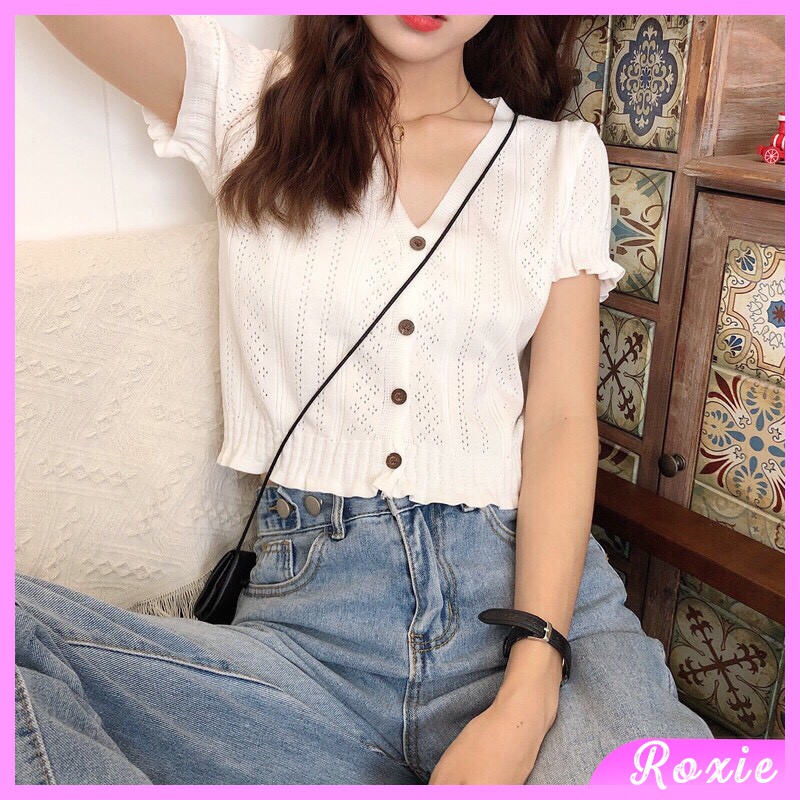 Áo len tăm nữ ulzzang ngắn tay dệt kim phối khuy phong cách Jennie - Roxie