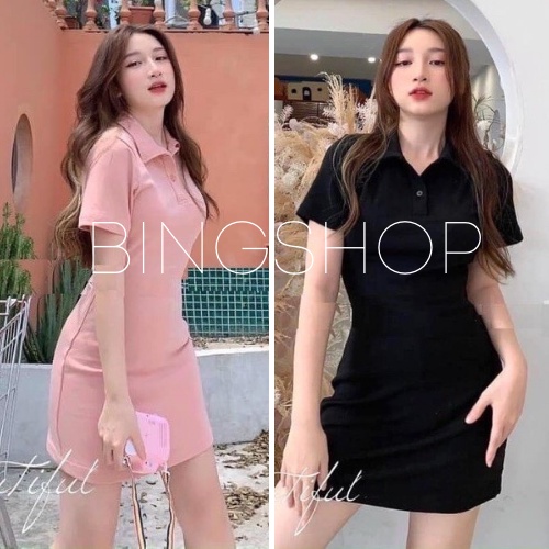 Đầm Polo nữ màu paster cúc ngực Bingshop