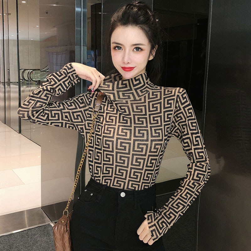 Áo Thun Dài Tay Cao Cổ Dáng Ôm Hoa Văn Kẻ Ô Thời Trang Dành Cho Nữ