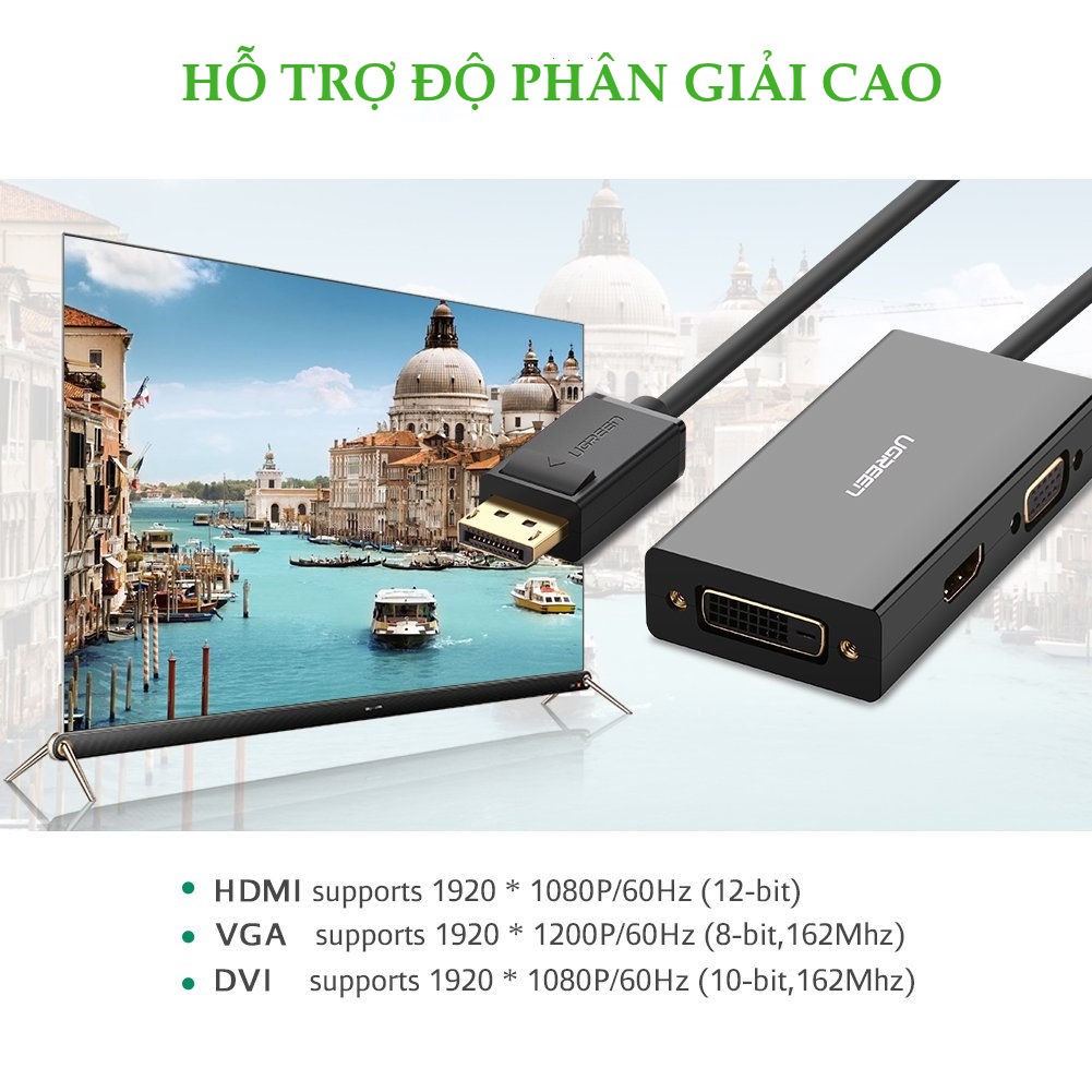 [Mã ELMALL300K giảm 5% đơn 500K] Cáp chuyển đổi đa năng Displayport sang HDMI+VGA+DVI-D(24+1) đầu cái UGREEN DP110 20420