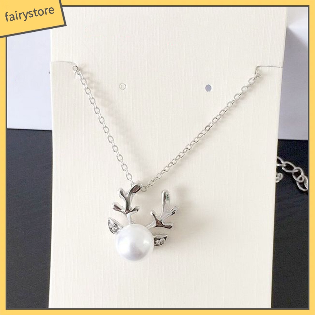 Bộ Dây Chuyền + Bông Tai Hình Sừng Hươu Đính Ngọc Trai Giả Cho Nữ