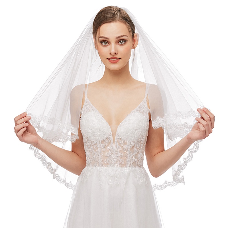 Mạng Che Mặt 2 Tầng Bằng Vải Tuyn Phối Ren Và Lược Kim Loại Trang Trí Cho Cô Dâu