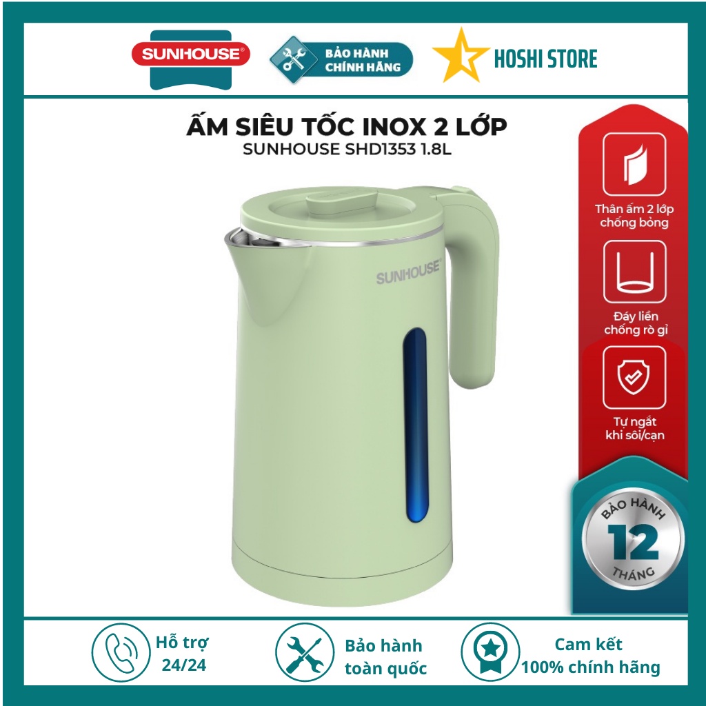 {ĐÁY ĐÚC LIỀN CAO CẤP} ẤM SIÊU TỐC.BÌNH SIÊU TỐC INOX 2 LỚP CAO CẤP 1.8L CHÍNH HÃNG SUNHOUSE SHD1353, bảo hành 12 tháng