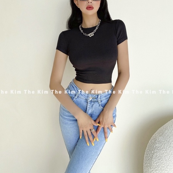 Áo thun croptop tay ngắn cổ tròn The Kim, áo baby tee thun tăm trơn A166