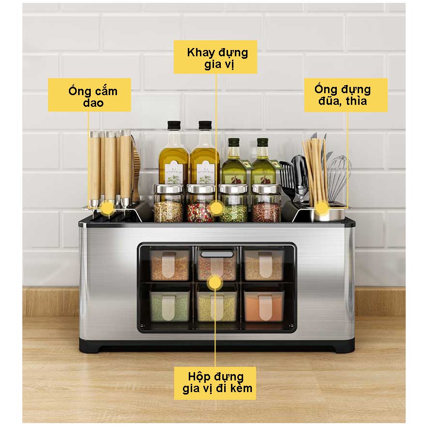 Kệ Gia Vị Inox 304 Không Han Gỉ Đa Năng Tặng Kèm Hộp Đựng Gia Vị, Ống Đũa, Ống Cắm Dao