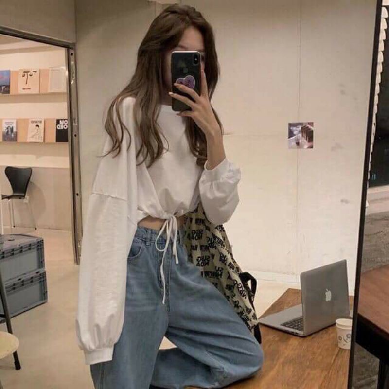 Áo Croptop Chốt Eo Chun Rút Dây Dáng Rộng- Áo Crt Tay Dài Unisex Nam Nữ Uzzlang (có quà tặng) - METSHOP