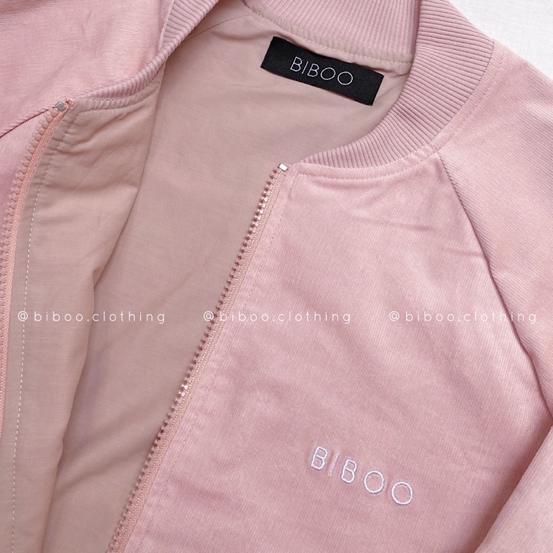 BIBOO - Áo khoác BOMBER màu hồng thêu chữ BIBOO chất liệu kaki nhung dày đẹp