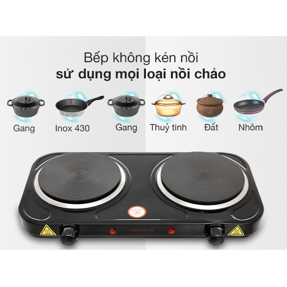 Bếp điện đôi Perfect không kén nồi, Bếp điện mini chất liệu gang tự tắt khi nước tràn - HAPOS