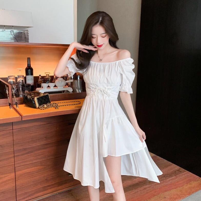 [NEW] Váy Suông Cổ Vuông Lệch Tầng Dáng Dài Ulzzang Váy Nữ Ngắn Tay Đan Dây Eo Mầu Trắng Tinh Khôi ( Hàng Sẵn)