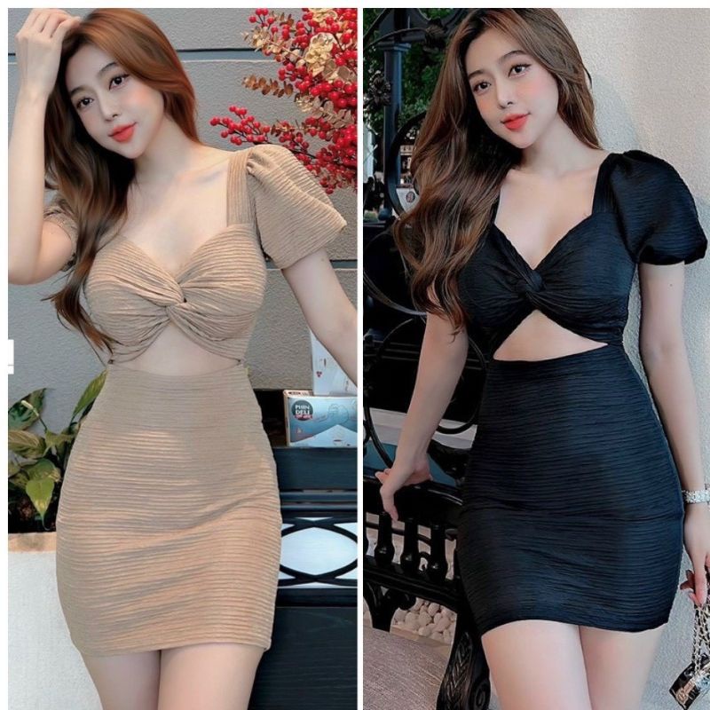 Đầm Tay Phồng Xoắn Nơ Ngực Khoét Hở Bụng - Xốp Gân Ngang - Dáng Ngắn Form Ôm Body Sexy