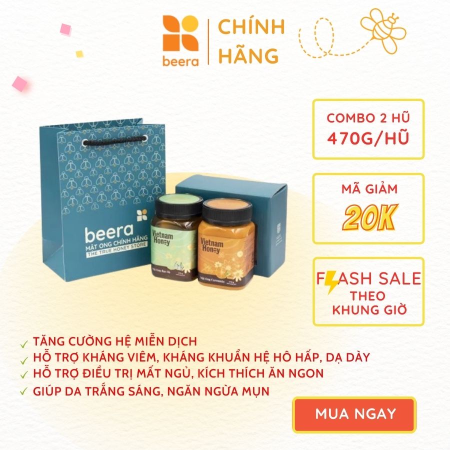 Bộ đôi mật ong Bạc hà &amp; Curcumin Vietnamhoney Beera khỏe người, đẹp dáng, tăng cường sức khỏe (2 lọ x 470g)