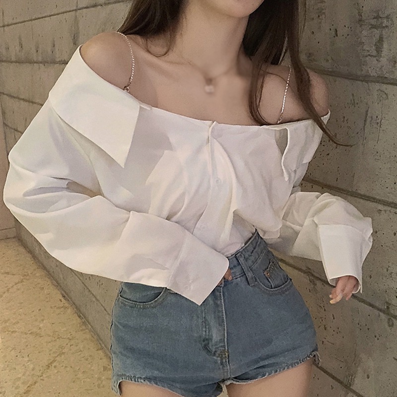 Áo sơ mi tay dài trễ vai màu sắc thời trang dành cho nữ