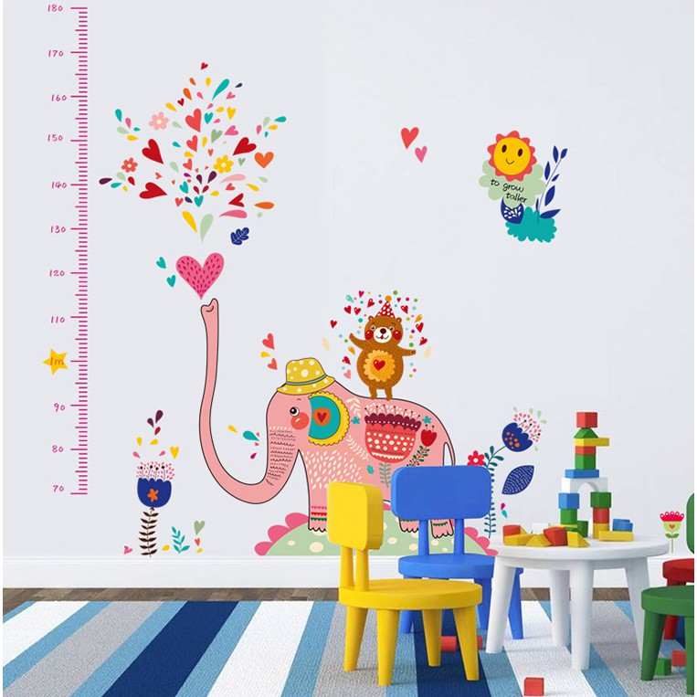 Decal dán tường đo chiều cao cho bé hình CHÚ VOI HỒNG kích thước 120x130cm