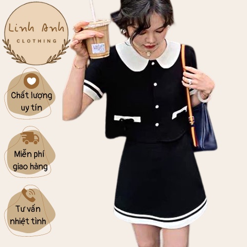 Set Croptop Cổ Sen Viền Trắng Chân Váy Đen ( Đủ Size )