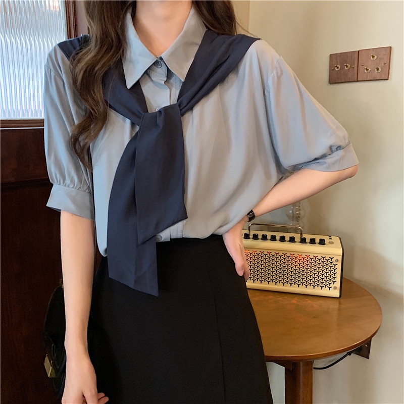 Summer New Loose Thin Contrast Short Sleeved Blouse