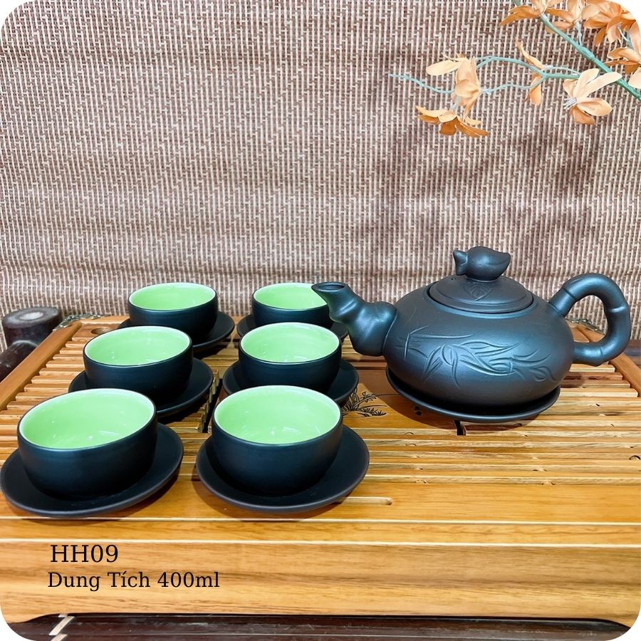 Bộ ấm trà ⚱ Gốm Sứ Bát Tràng ⚱ bộ ấm chén uống trà Đào đen cao cấp tử sa GOMPHUQUY HH09